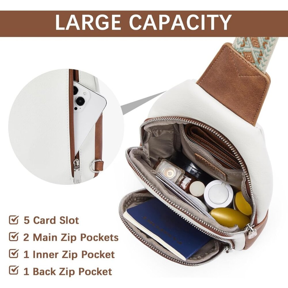 Leather Sling Bag for Women Vintage Crossbody Purse with Guitar Strap Bohemian - Picture 4 of 8